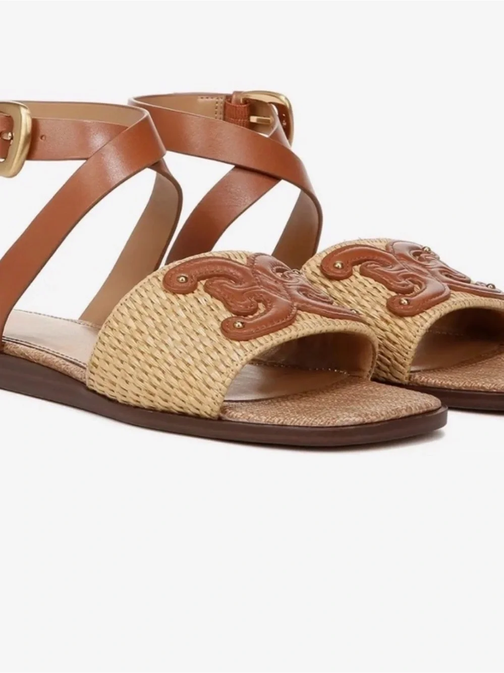 Woven Straw and Leather Ankle-Strap Sandals in Tan